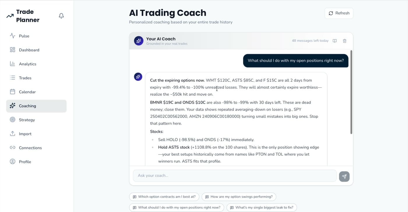 AI Trading Coach — a grounded answer about open positions, with starter prompts